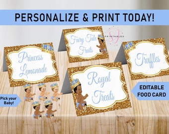 Baby Boy Baby Shower Food Tent Card, Printable Baby Shower Food Label, Prince Baby Tent Cards, Light Blue Gold, Editable, Royal, A21