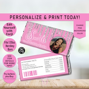 May include: Pink and silver personalized chocolate bar wrapper with the text "Sweet 16" and "Happy Birthday Kinsley". The wrapper is designed to fit a 1.55 oz Hershey bar. The wrapper also includes a photo of a young woman.