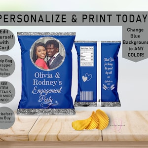 Engagement Party Chip Bag, ANY COLOR and Silver Glitter Engagement Favor Bag, Engagement Favor Printable, Editable Bag, Chip Wrapper, WW6