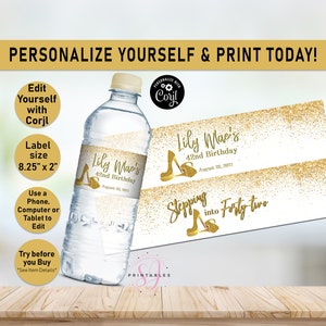 Stepping into ANY AGE Gold Glitter and White Birthday Water Bottle labels,Water label,Party Favor, Adult Birthday water wrappers, heels, Y02