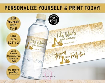 Stepping into ANY AGE Gold Glitter and White Birthday Water Bottle labels,Water label,Party Favor, Adult Birthday water wrappers, heels, Y02