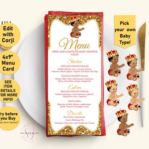 Prince Baby shower menu, Little Prince, Menu, Red and Gold Glitter Menu, Printable Menu template, baby shower menu cards, Boy, A22