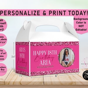 Pink Birthday Birthday gable gift box labels, Pink on Pink Glitter ANY AGE Gift box labels, Favor, Snack Box, Birthday party, favor, B30