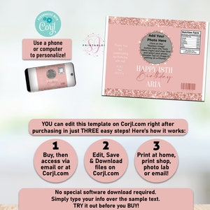 Puede incluir: Plantilla personalizable para recuerdos de fiesta de cumplea&ntilde;os en rosa y oro rosa. El dise&ntilde;o incluye el texto "HAPPY 18TH Birthday ARIA" e instrucciones de personalizaci&oacute;n. La plantilla es editable en Corjl.com.