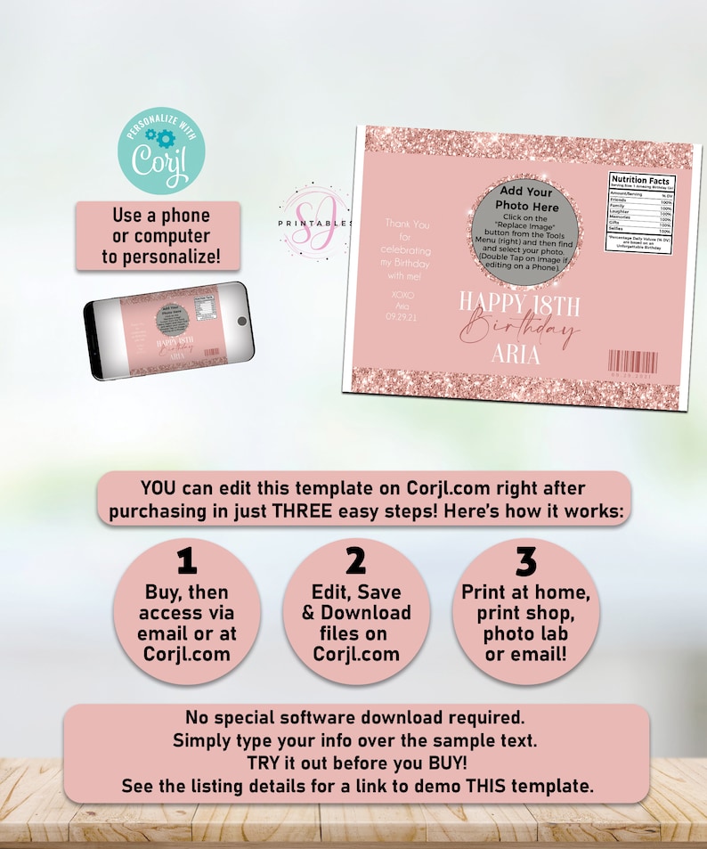 Puede incluir: Plantilla personalizable para recuerdos de fiesta de cumplea&ntilde;os en rosa y oro rosa. El dise&ntilde;o incluye el texto "HAPPY 18TH Birthday ARIA" e instrucciones de personalizaci&oacute;n. La plantilla es editable en Corjl.com.