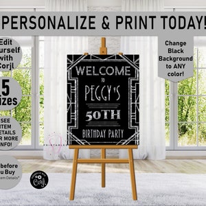 Editable WELCOME Sign Printable Art, Silver Gatsby Sign, Gatsby Wedding Art Deco welcome Sign, Roaring 20s, birthday party, decoration, B21