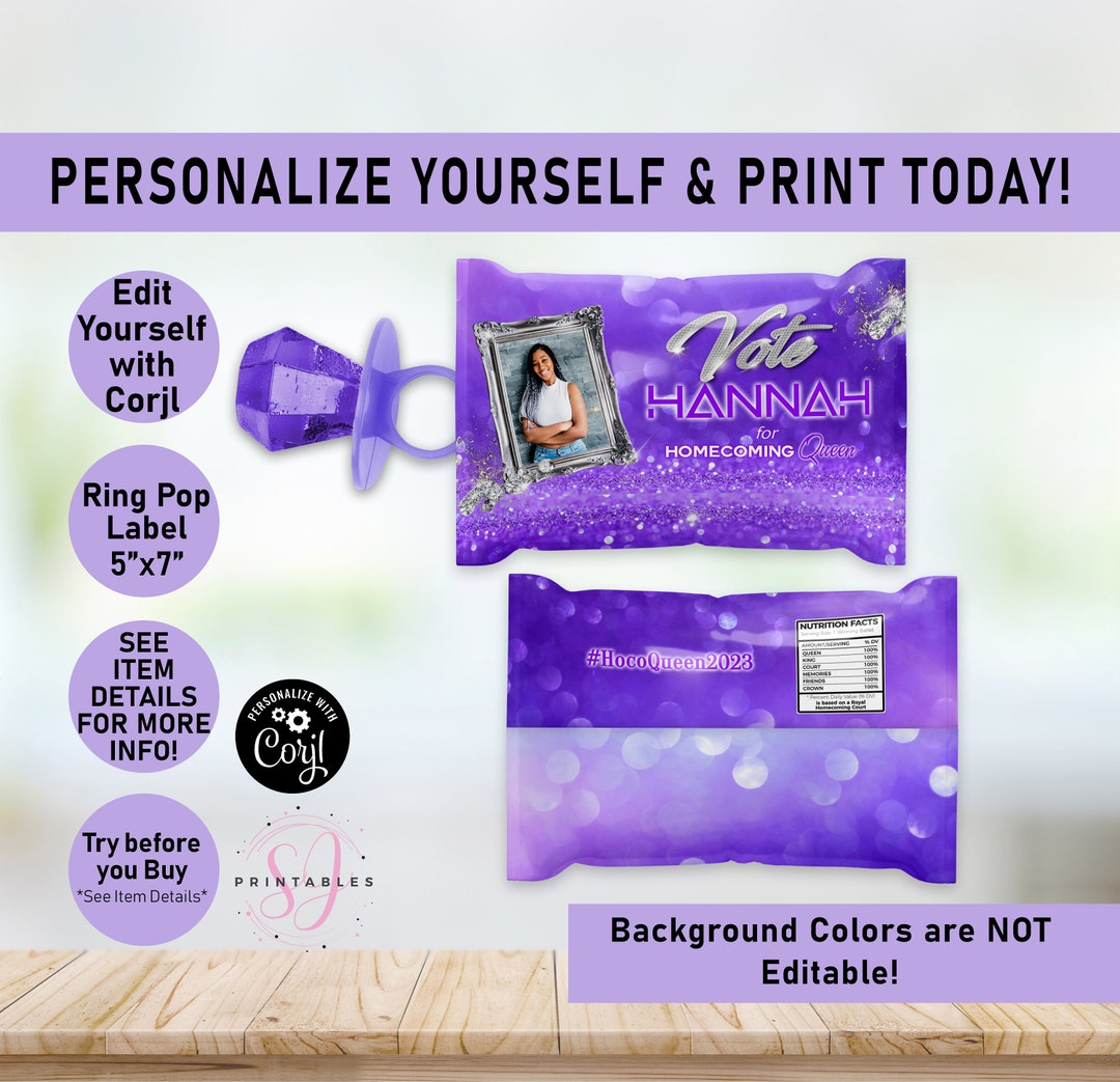 Homecoming Queen RING POP Wrapper Label, Purple and Silver Ringpop ...
