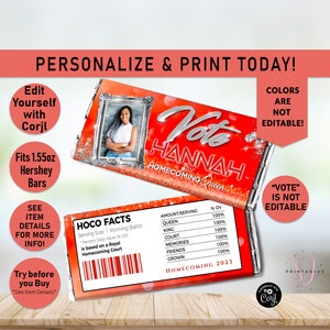 Homecoming Hershey Candy Wrapper, Red and Silver, Homecoming Queen, Hoco 2023, Candy Label, Homecoming Party Favor, Election Wrapper, P37