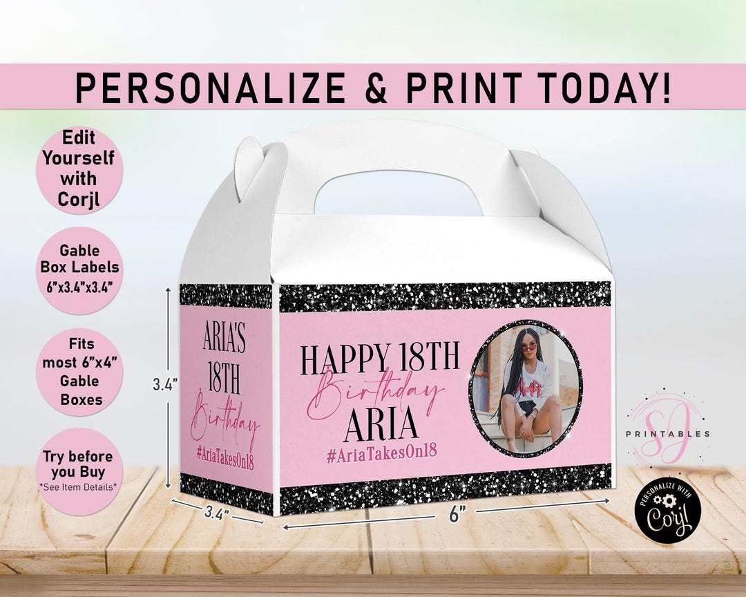 Black Glitter and ANY Color Birthday Birthday Gable Gift Box Labels ...