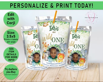 Wild ONE Birthday Juice Pouch Labels, Juice Labels, First Birthday favors, Wild One Juice Pouch labels, Juice, Safari, Jungle, bday, W05