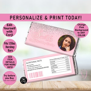 Teen Birthday Hershey Candy Bar Wrappers, Light Pink Silver glitter Candy Bar label, Party Favor, Sweet 16, any age, teen party favor, T20