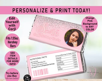 Teen Birthday Hershey Candy Bar Wrappers, Light Pink Silver glitter Candy Bar label, Party Favor, Sweet 16, any age, teen party favor, T20