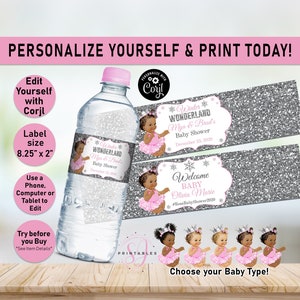Winter Wonderland Baby Shower,Water Bottle Labels,Pink Girl Winter Wonderland,Snowflake,Baby Shower,Label,African American Baby Girl,Z02