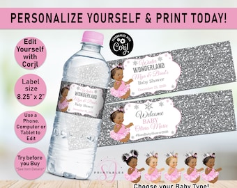 Winter Wonderland Baby Shower,Water Bottle Labels,Pink Girl Winter Wonderland,Snowflake,Baby Shower,Label,African American Baby Girl,Z02