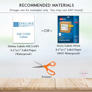 May include: Two different brands of 8.5 by 11 inch label paper. The first is a white label paper from Online Labels with the product number #OL713WI. The second is a white label paper from Avery with the product number #8165. A pair of orange scissors are shown below the labels.