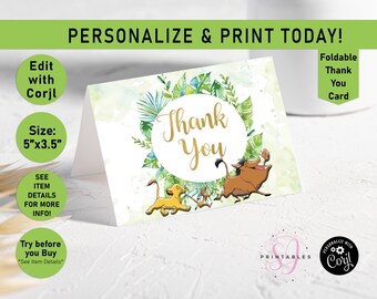Lion King Thank You Card Template Fold, Simba, Thank You, The Lion King Foldable Thank You, Printable Card template, Shower, Birthday, L01