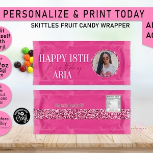 Pink on Pink Glitter Skittles Wrapper, Skittles Birthday Candy wrapper, Fruit Candy wrapper, Birthday Party Favors, Printable, B30