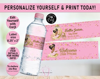 Blush Pink Gold Royal Little Princess Baby Shower Water bottle labels, Princess water wrappers, carriage, magical, Carriage, Printable, C06
