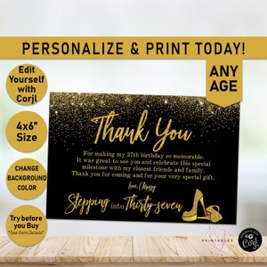 Stepping into ANY AGE Thank you card, Adult Birthday Thank you card, Gold Glitter card, Gold Heels, Thank You card, Adult Birthday, Y02