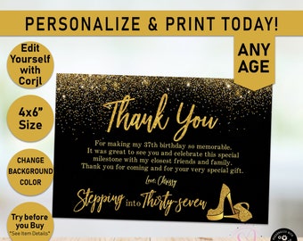 Stepping into ANY AGE Thank you card, Adult Birthday Thank you card, Gold Glitter card, Gold Heels, Thank You card, Adult Birthday, Y02