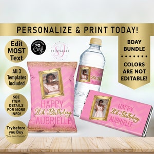 Shimmery Gold Glitter and Pink BIRTHDAY BUNDLE, Hershey Candy Wrapper, Chip Bag Wrapper, Water Bottle Label, favors, woman, Any Age, Y20