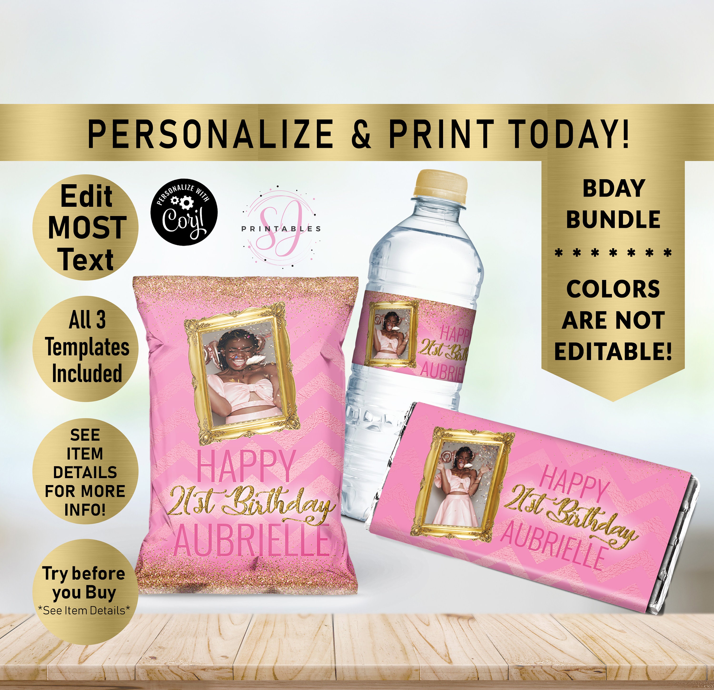 Shimmery Gold Glitter and Pink BIRTHDAY BUNDLE, Hershey Candy Wrapper, Chip Bag Wrapper, Water Bottle Label, favors, woman, Any Age, Y20