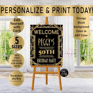 Editable WELCOME Sign Printable Art, Gold Gatsby Sign, Gatsby Wedding Art Deco welcome Sign, Roaring 20s, birthday party, decoration, B20