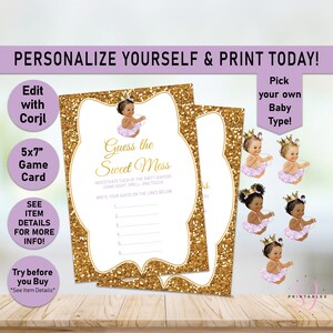 Guess The Sweet Mess Game, Candy Bar Game, Baby Shower Dirty Diaper Game, Princess, Baby Shower Games, Purple, Gold, African American, A02