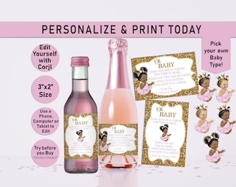 Oh Baby PINK and GOLD Princess EDITABLE Baby Shower Mini Wine Bottle Labels, Girl baby shower, Wine Labels, Champagne, Afro Puffs, A01