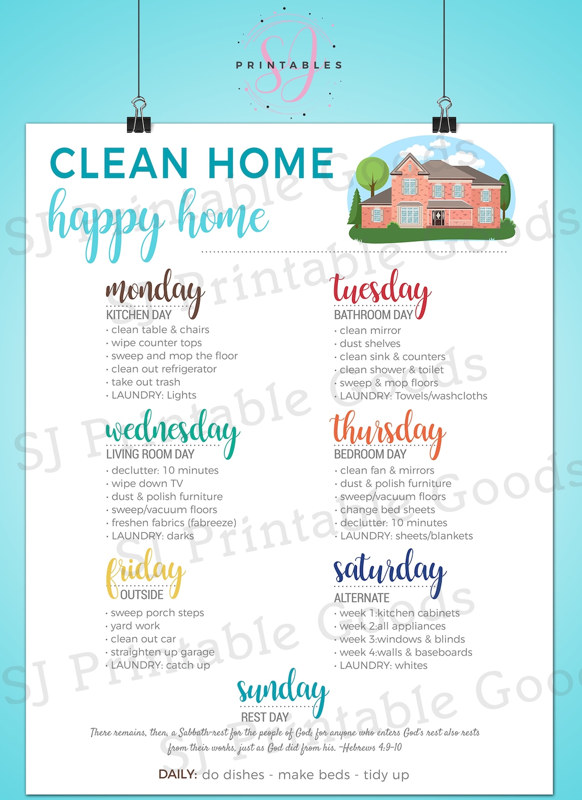 Editable Cleaning Schedule Clean Home Happy Home Cleaning Etsy