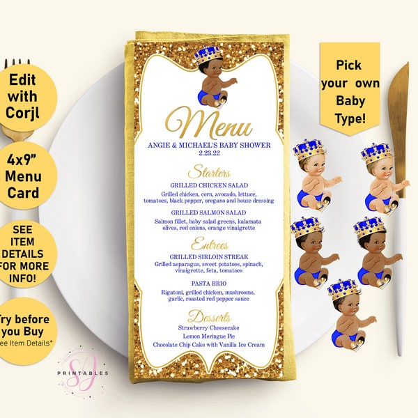 Royal Blue Prince Baby shower menu, Little Prince, Menu, Gold Glitter Menu, Printable Menu template, baby shower menu cards, Menu Card, A20
