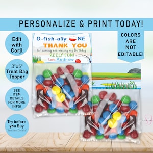 Ofishally ONE treat Bag Toppers, O-fish-ally One Treat Toppers, Favors, Editable, Fishing Birthday Party favor, Class treat, The Big One,V01