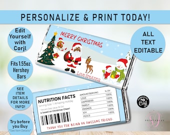 May include: A printable Christmas chocolate bar wrapper featuring a cartoon Santa Claus, a snowman, and a reindeer. The wrapper is blue with white snowflakes and the text "Merry Christmas" and "Love BreAnna".