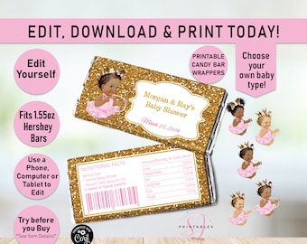 GIRL HERSHEY Candy Bar WRAPPER, Baby Shower Candy Bar Wrapper, Baby Shower Party Favors, Little Princess Shower Wrappers, Editable label A01