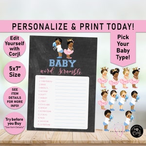 Baby Shower Word scramble, Touchdowns or Tutus Word Scramble Card Game, Football scramble, Gender reveal, Baby shower games, twins, R20