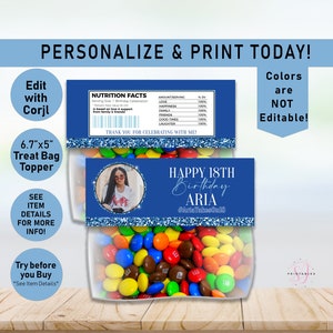 Birthday Royal Blue on Blue treat Bag Toppers, Treat Topper, Editable, Birthday Party favor, Birthday Bag label, treat bag, Blue, B34
