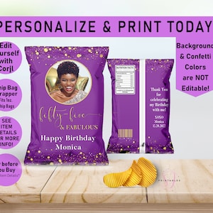 ANY AGE Royal Purple and Gold Confetti Birthday Chip Bag Wrapper, Favor Bags, Birthday party Favors, Editable, Printable,Photo Chip Bag, B50