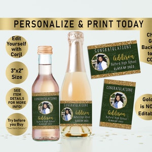 Gold Glitter and ANY other COLOR Graduation Mini Wine Bottle Labels, Apple cider labels, Grad party, favors, Wine, Champagne, Moscato, G11