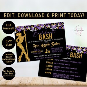 Bachelorette Party Invitation, Bachelorette Bash, Bachelorette Weekend,Hen Party, Bachelorette Invite, Pole Party,Dancing, purple, Gold, S35