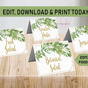 Greenery Gold Food Labels, Greenery Food Cards, Buffet Card, Food Tent ...