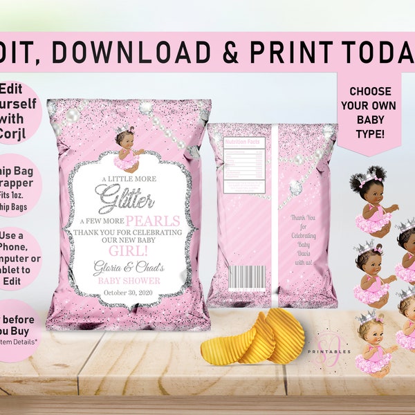 Glitter & Pearls Pink EDITABLE Chip Bag, Baby Shower, Glam, Princess, Silver,Chip bag Wrapper, Baby Shower Favor, Afro Puffs, Girl, A10, A11