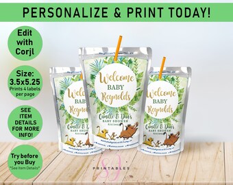 Puede incluir: Tres etiquetas de caja de jugo imprimibles con un tema de jungla con hojas verdes, un león y una jirafa. Las etiquetas dicen "Bienvenido Bebé Reynolds" y "Baby Shower de Camille y Dan".