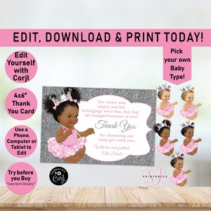 Pink & Silver Princess Flat THANK YOU Card, Princess Card, Baby Girl Princess, Thank You, Baby Shower, Silver Glitter, Thank You Card, A03