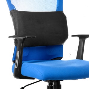May include: A blue office chair with a black mesh back and a black lumbar support pillow. The chair has adjustable armrests and a black base.