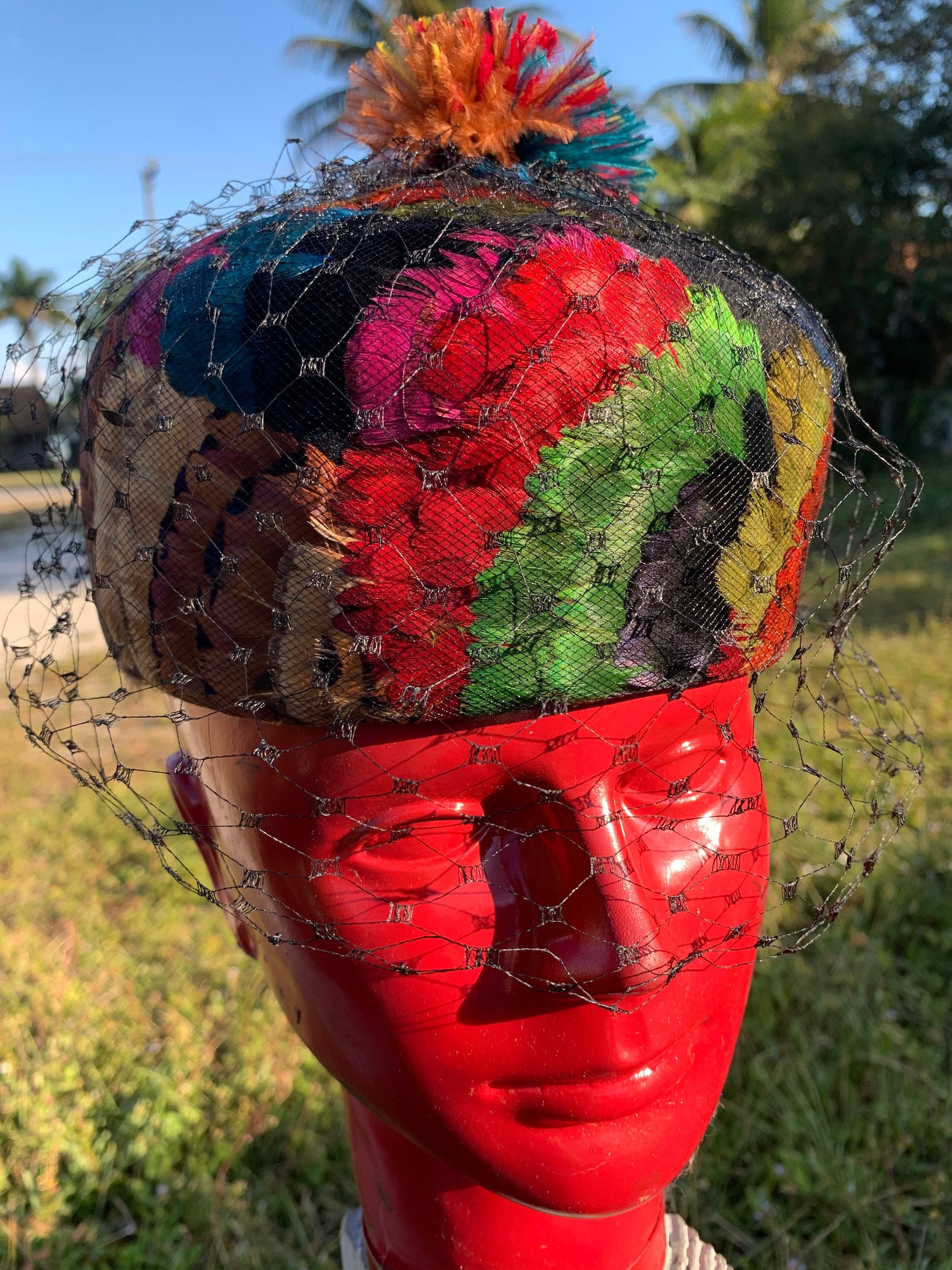 Vintage Don Anderson Pheasant Hat. Vintage 1950s Rounded Pillbox Colorful Pheasant Feather Don  main image 2
