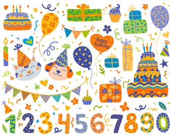 Happy Birthday Clip art, Birthday clipart, Birthday Cake, Balloon, Cat Birthday, Dog Birthday, Invitation, Boy, Girl, Party clipart