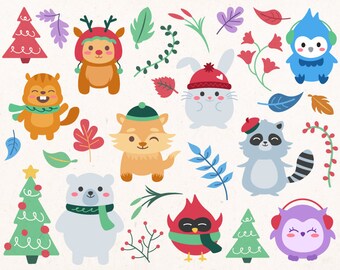Christmas Clip Art, Holiday Winter Set, Christmas Card, Woodland Animals, Fox, Reindeer, Owl, Nursery Decor, New Year, Greeting card, X'Mas