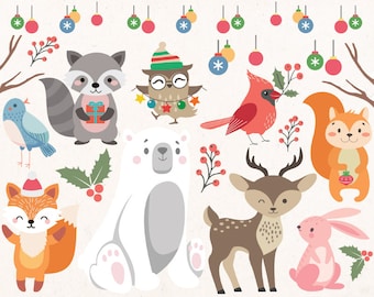 Christmas Clip Art, Holiday Winter Set, Christmas Card, Woodland Animals, Fox, Racoon, Owl, Nursery Decor, New Year, Greeting card, X'Mas