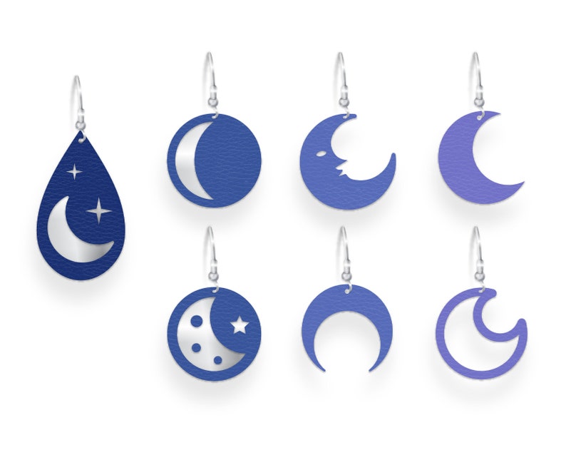 May include: A collection of seven celestial-themed earrings. The earrings feature various moon phases and star designs in shades of blue and silver. Each earring hangs from a silver hook, showcasing a unique celestial shape.