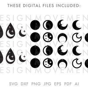 May include: Black and white digital files featuring various moon and star designs. Includes teardrop shapes, circles, and crescent moons with stars. Text at the top reads "THESE DIGITAL FILES INCLUDED:" and at the bottom "SVG DXF PNG JPG EPS PDF AI".